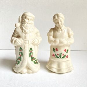 Lenox Holiday Santa and Mrs Claus salt and pepper shakers in ivory with holly